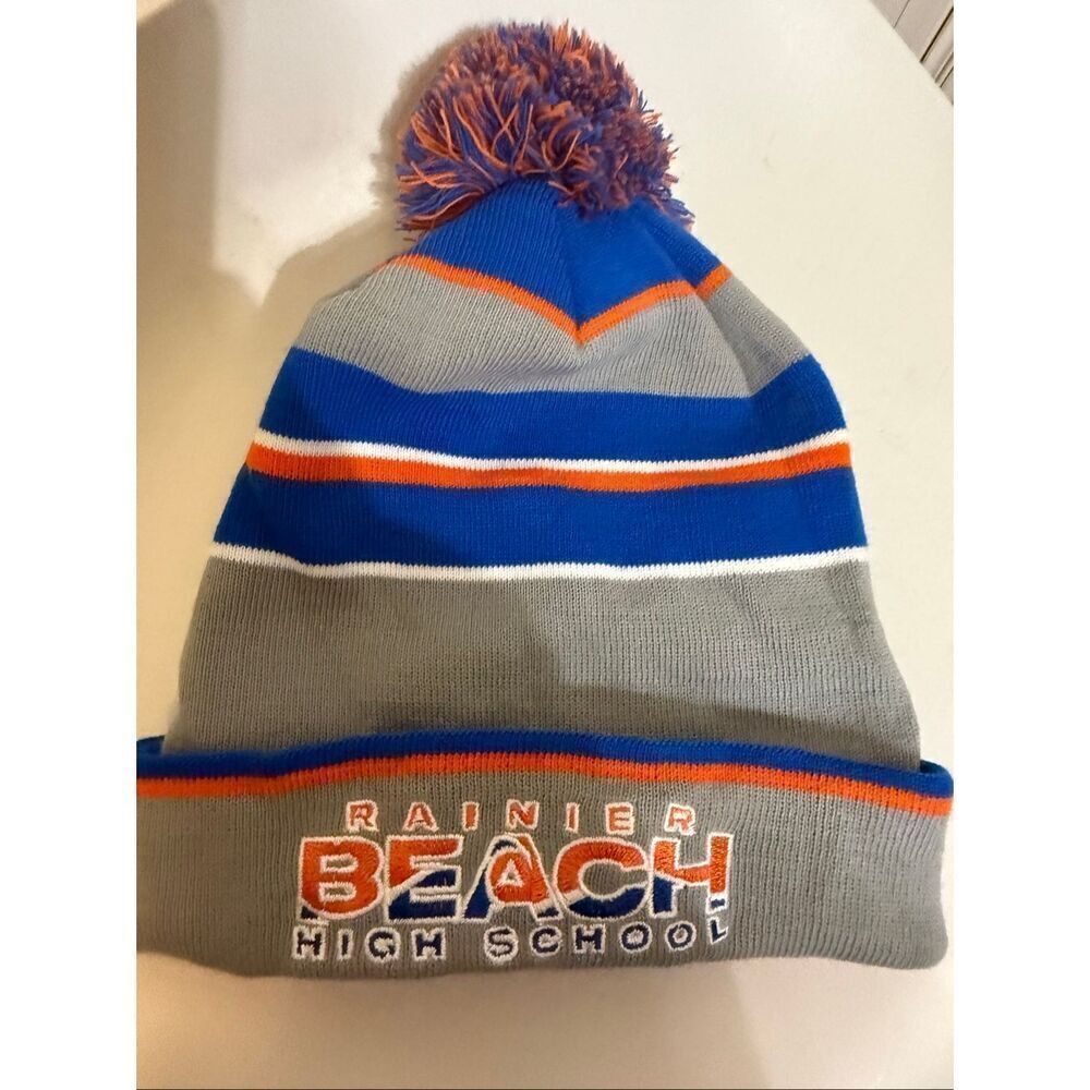 Rainier Beach High School Unisex Striped Pompom Beanie Hat Gray Blue OS NWOT